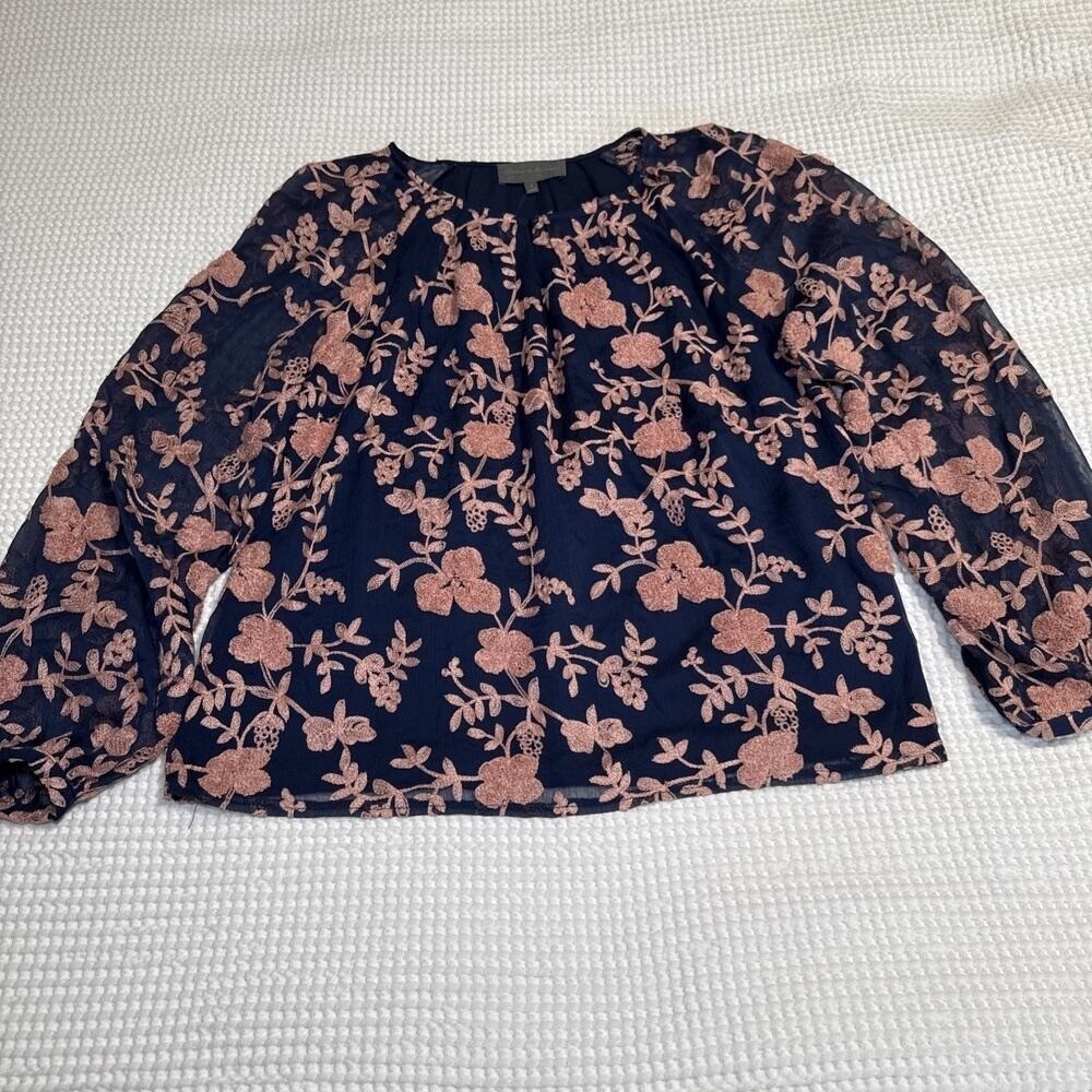 Sunday in Brooklyn Navy Blouse with Blush Floral Embroidery